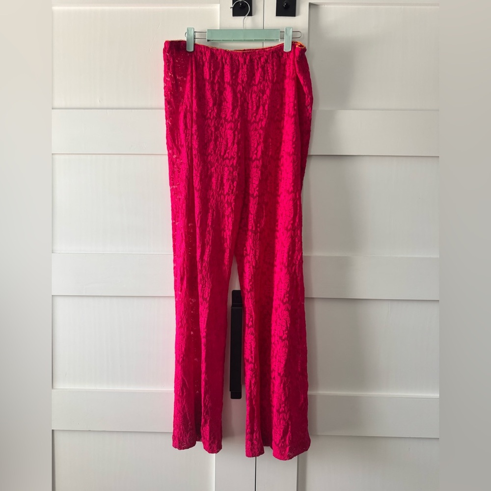 Free People Bright Pink Wide Leg Lace Pants